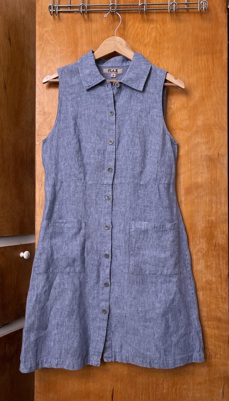 FLAX Linen Chambray Blue Button Down Shirt Dress Tank Midi Size XS Petite Artsy